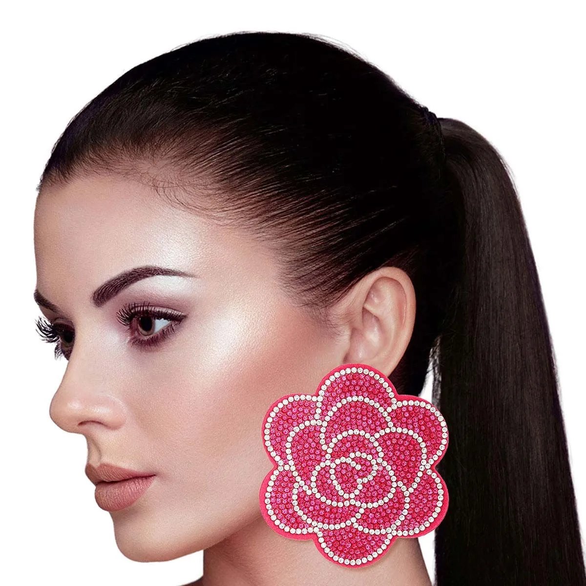 Dazzling Fuchsia Pink Flower Statement Stud Earrings with Clear & Pink Rhinestone Detail