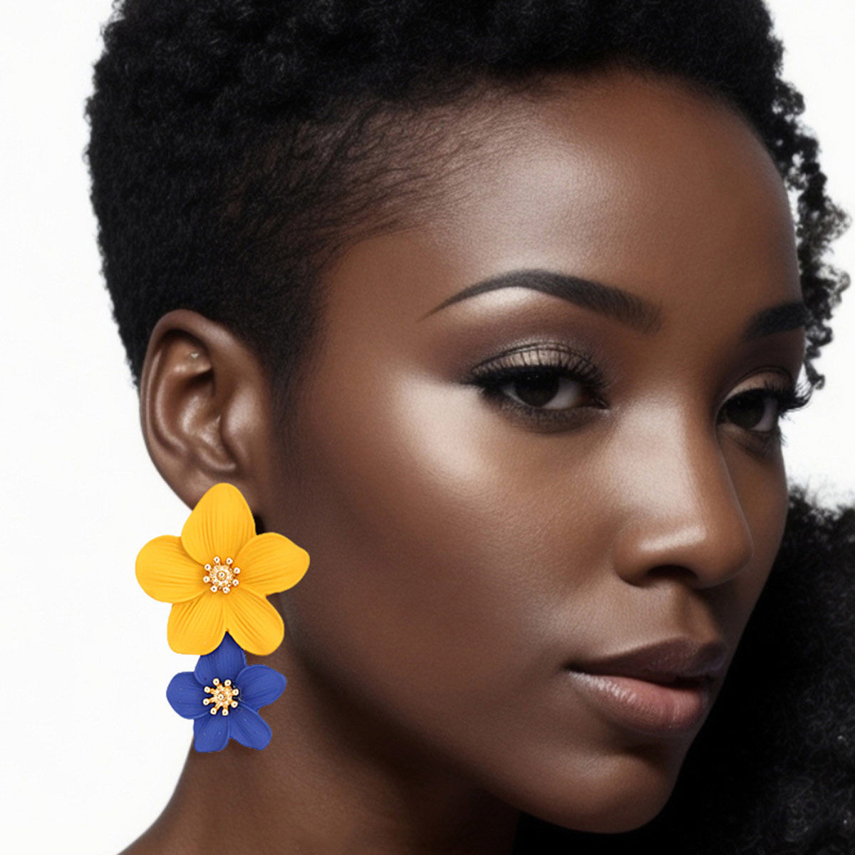 Rubber Coated Metal Double Flower Stud Drop Earrings – Blue/Gold Fashion Jewelry Pinktown