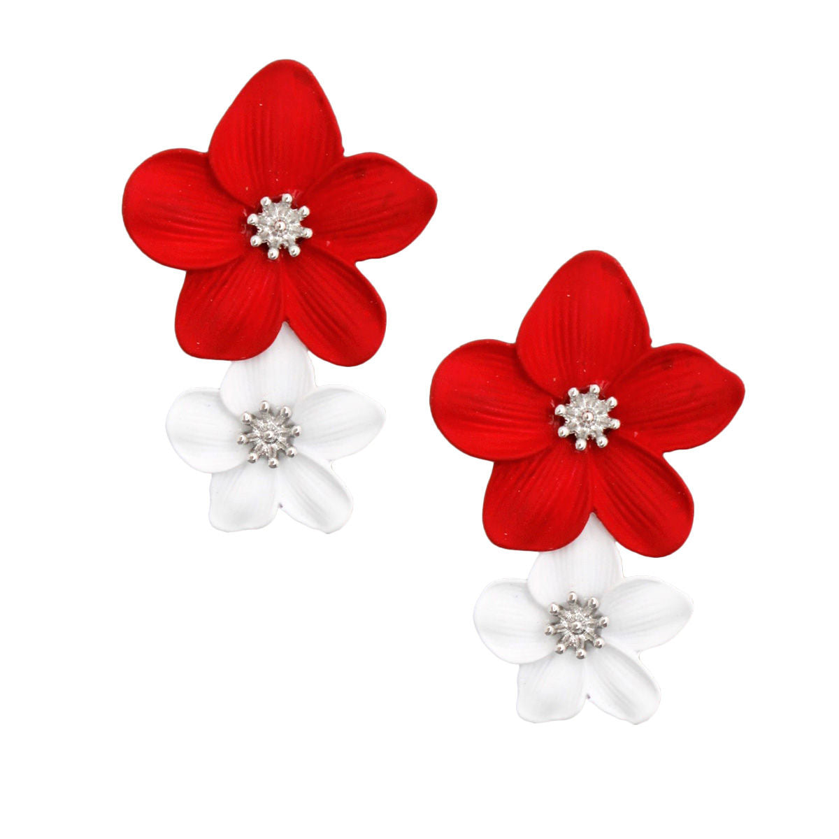 Red White Flower Statement Earrings Bold Double Floral Drop Design