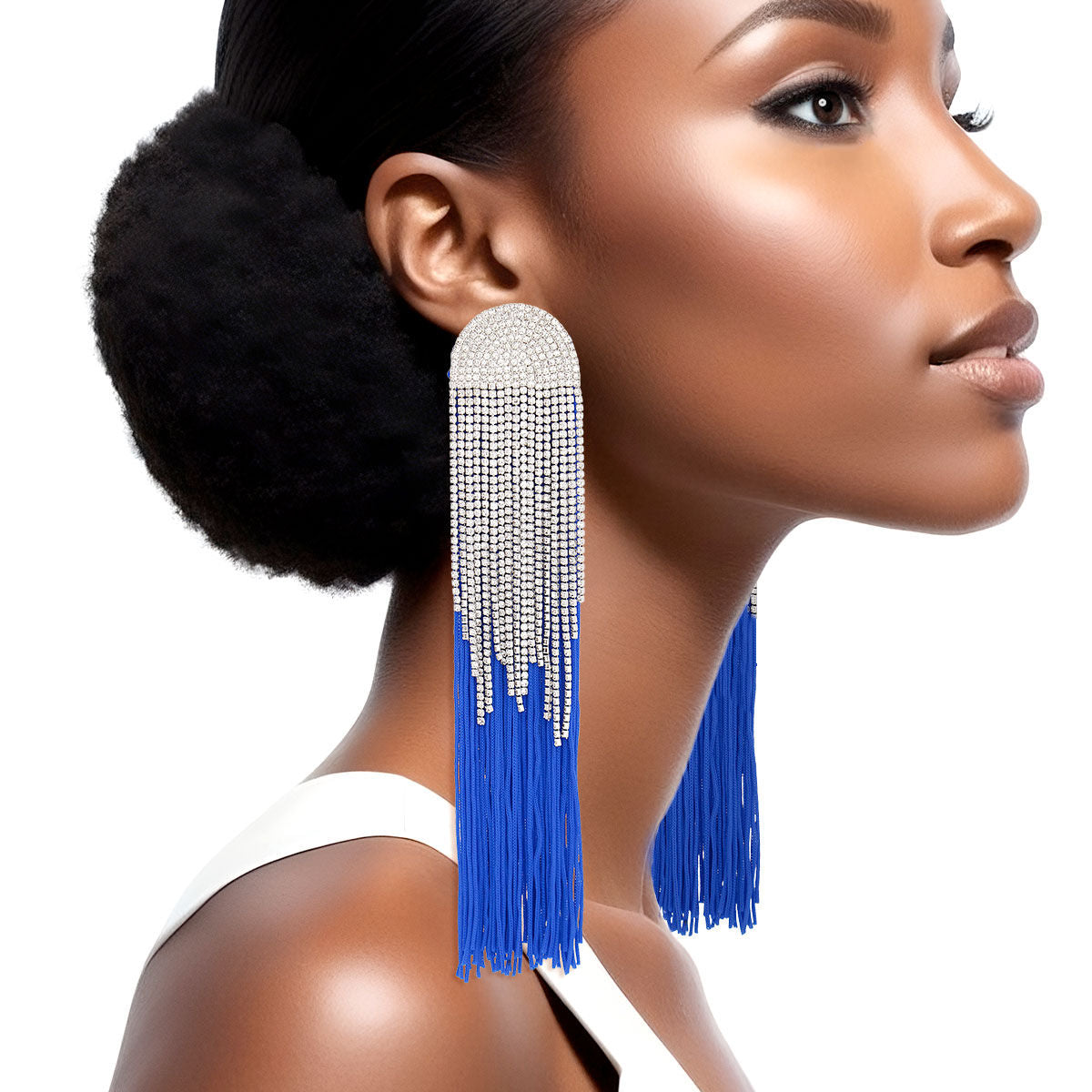 Rhinestone Tassel Earrings: Long Royal Blue Dangle Fashion Jewelry Pinktown