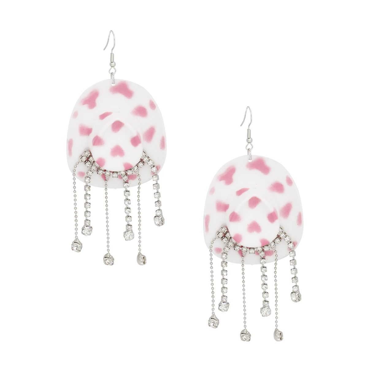 Pink Cowboy Hat Earrings Whimsical Rhinestone Fringe Dangle