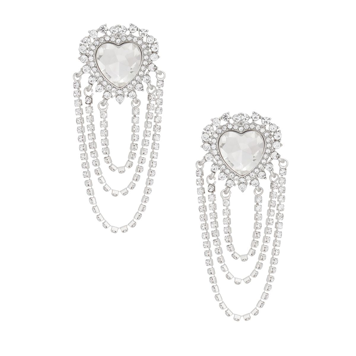 Silver Rhinestone Heart Earrings Cascading Statement Dangle | Fashion Jewelry