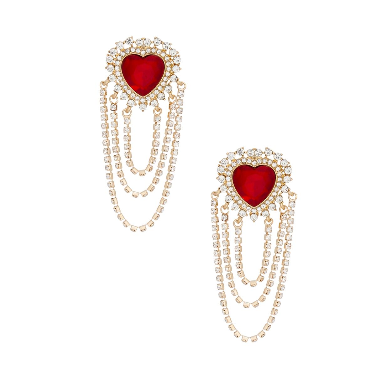Gold Rhinestone Heart Earrings Cascading Statement Dangle | Fashion Jewelry