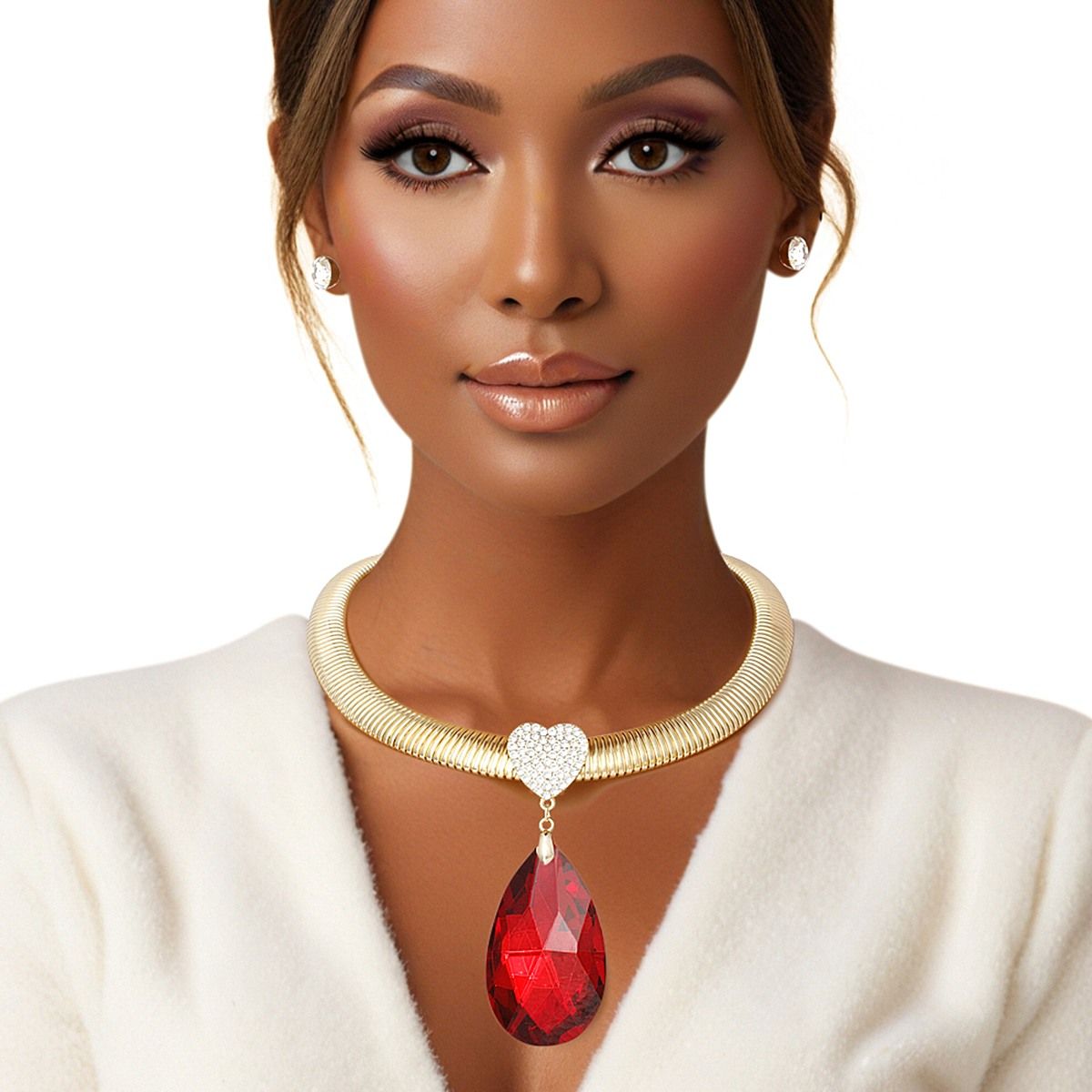 Gold Omega Chain Red Teardrop Necklace Set