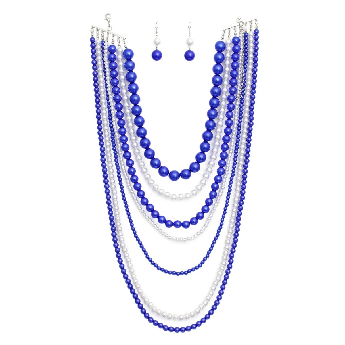 Pearl Necklace Set – 7 Row Layered with Matching Earrings, Blue and White