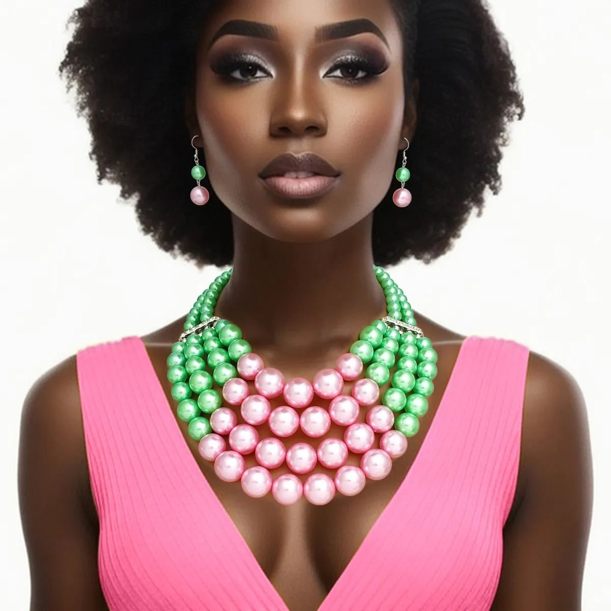 Jewelry Bubble Chunky Pink & Green Acrylic Pearl Bib Necklace Set