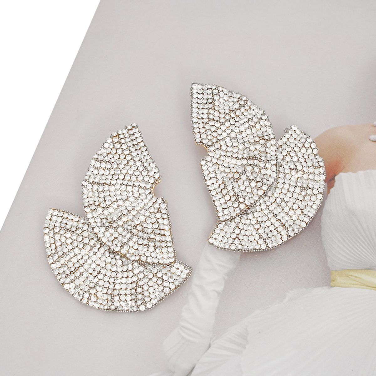 Art Deco Inspired Stud Earrings Gold Fan Rhinestone Statement