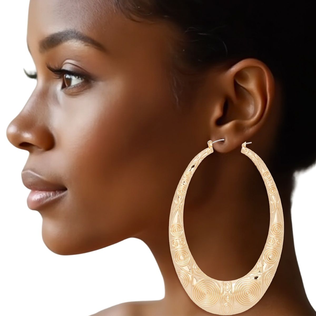 Gold Teardrop Hoop Earrings Concentric Swirl Pattern