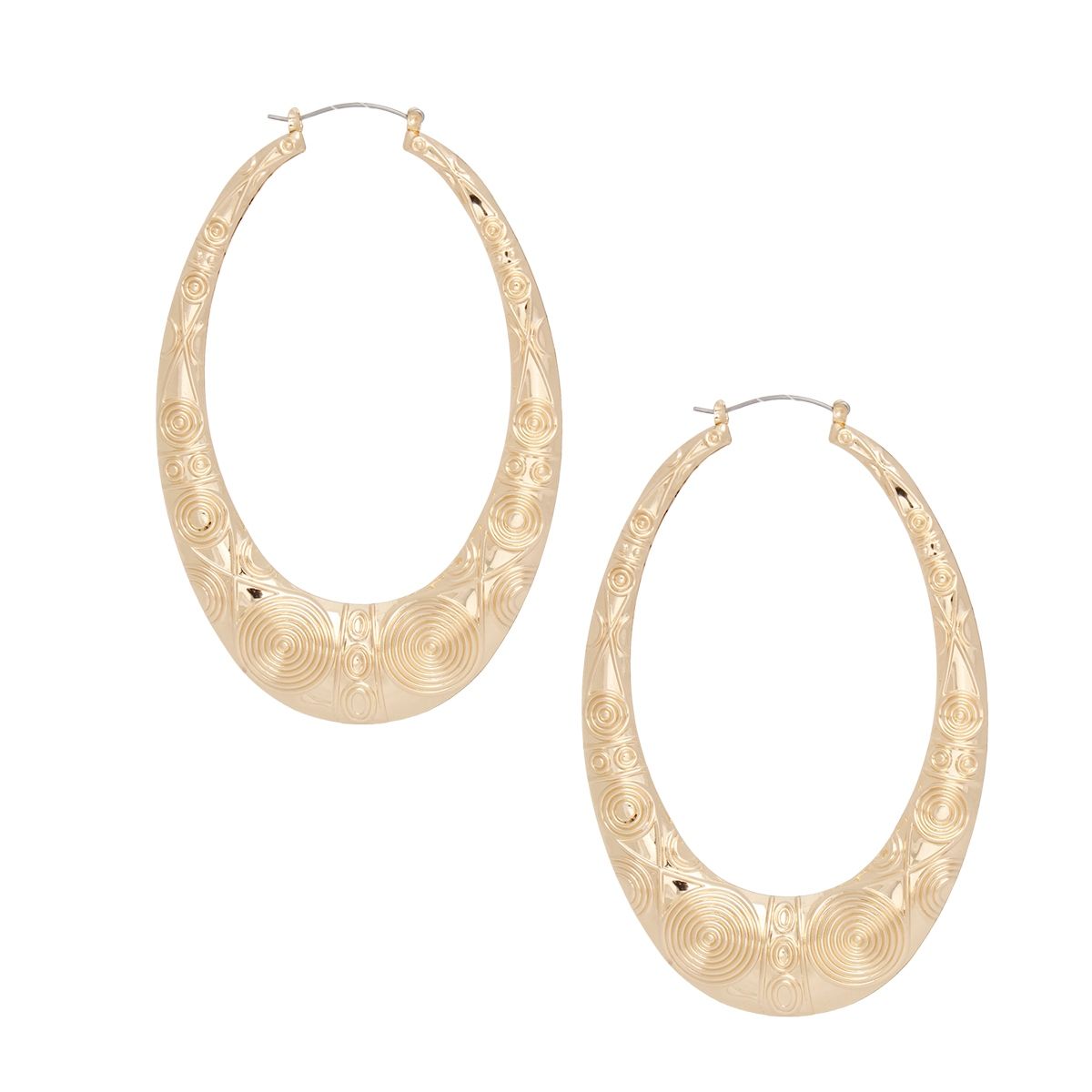 Gold Teardrop Hoop Earrings Concentric Swirl Pattern