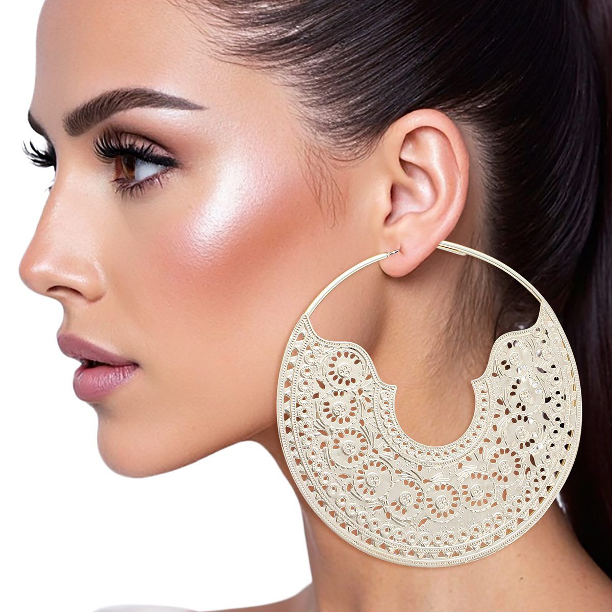 Gold Filigree Hoop Earrings Handcrafted Large Omega Closure