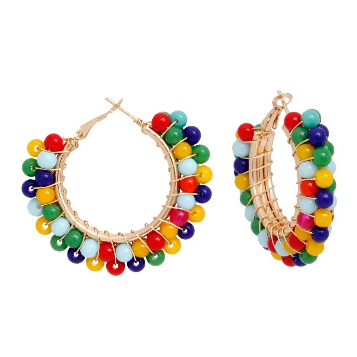 Multicolor Beaded Hoop Earrings - Gold-Tone Statement Earrings with Vibrant Acrylic Beads