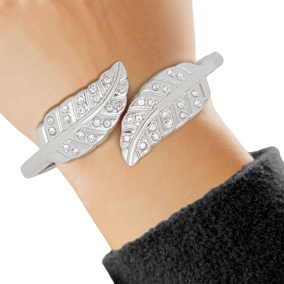 Silver Cuff Bracelet Leaf Rhinestone | Fashion Jewelry