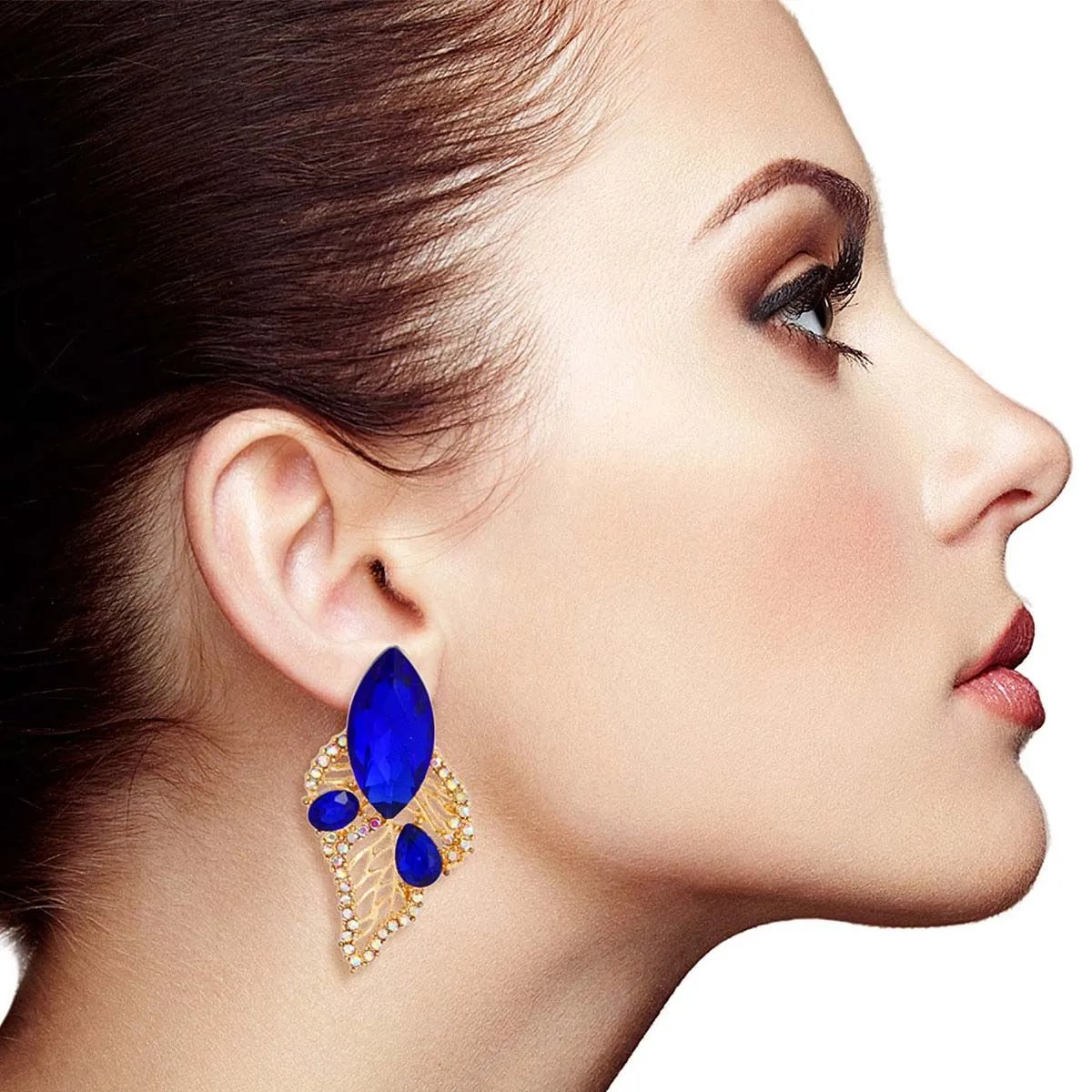 Marquise Acrylic Crystal Leaf Stud Earrings with Royal Blue Marquise, Gold Metal, and Rhinestone Detailing