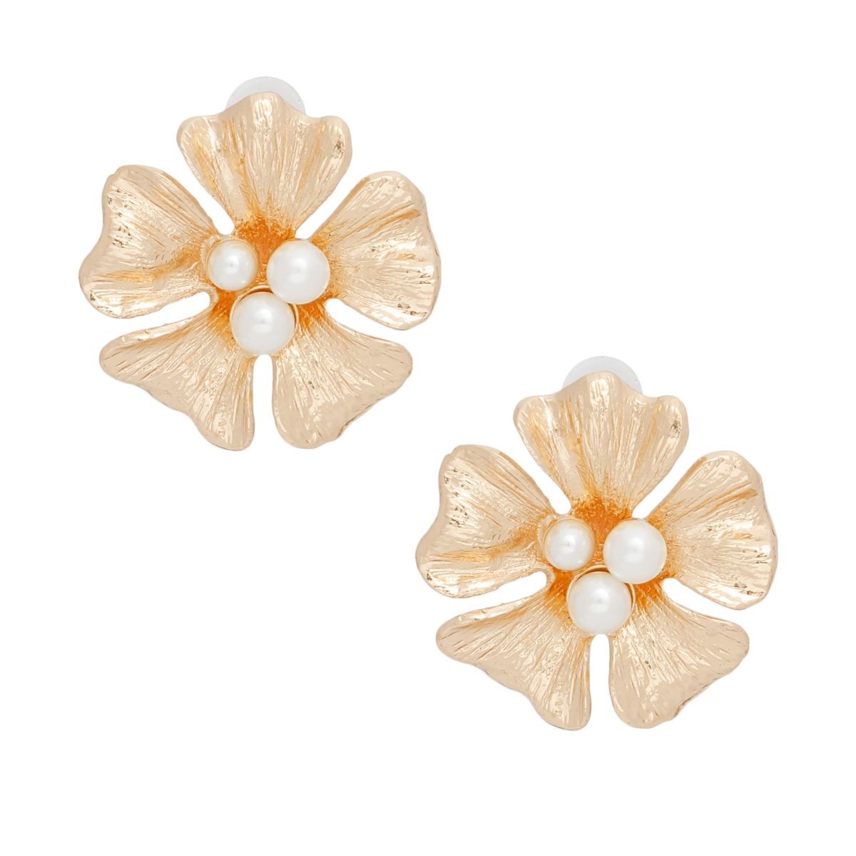 Gold Flower Stud Earrings with Pearl Center and Textured Petals Post Backs - Fashion Jewelry Pinktown