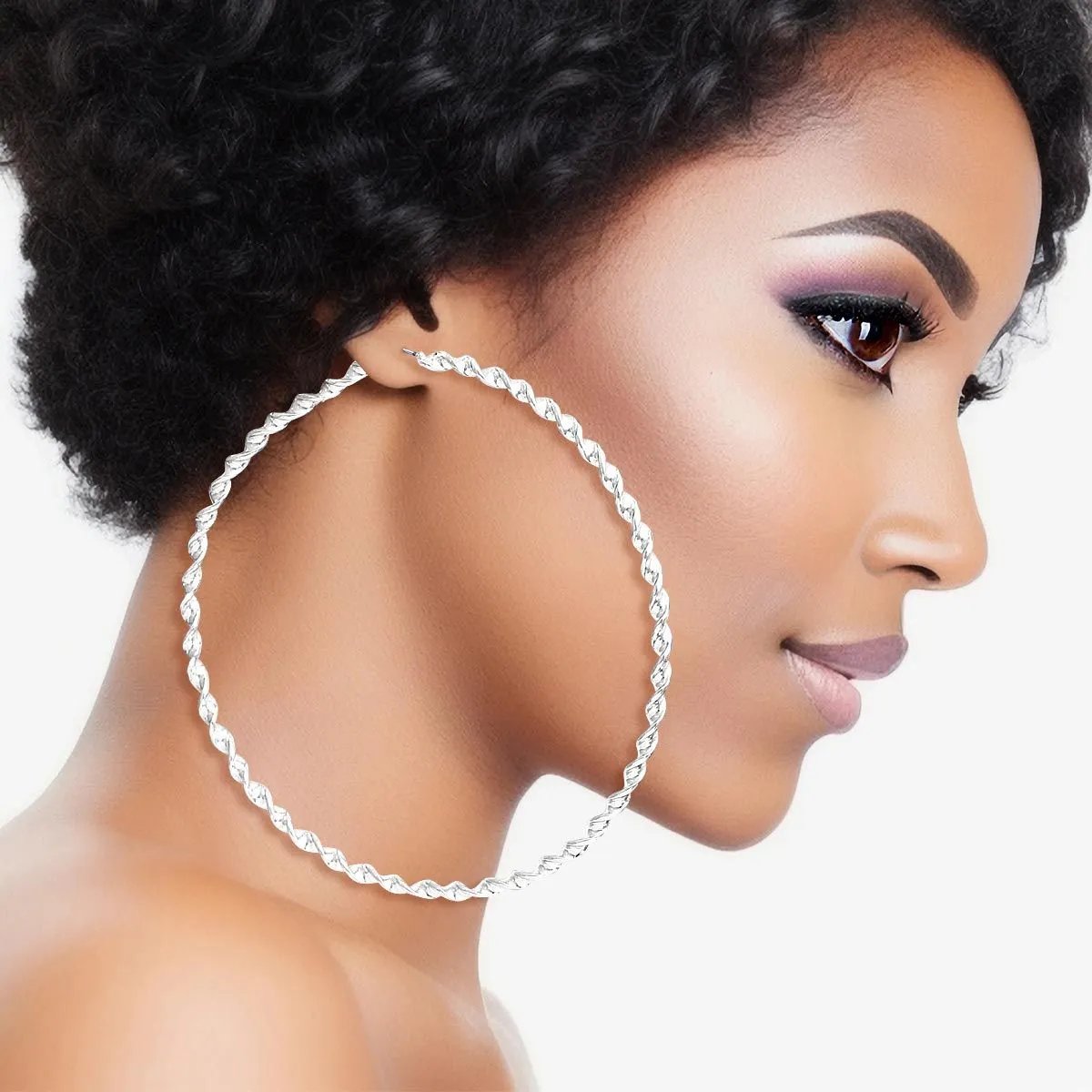 Large Twisted Hoop Earrings – Women's 3.75" Silver, Nickel and Cadmium Free, Omega Closure