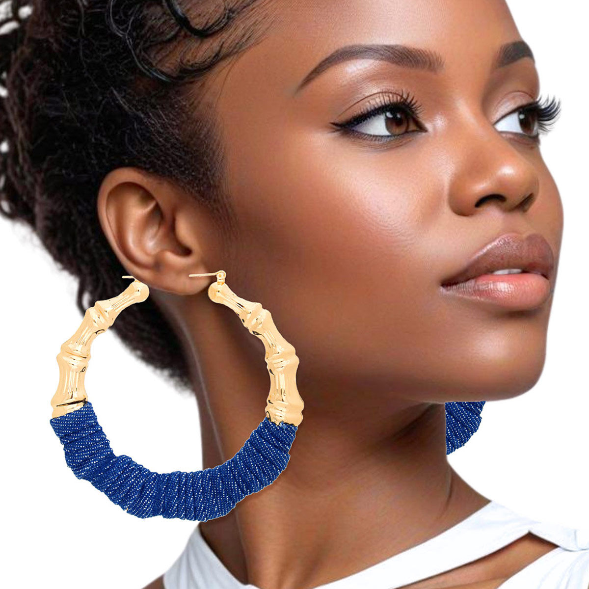 Hoop Gold Denim Wrapped Bamboo Earrings Women Pinktown