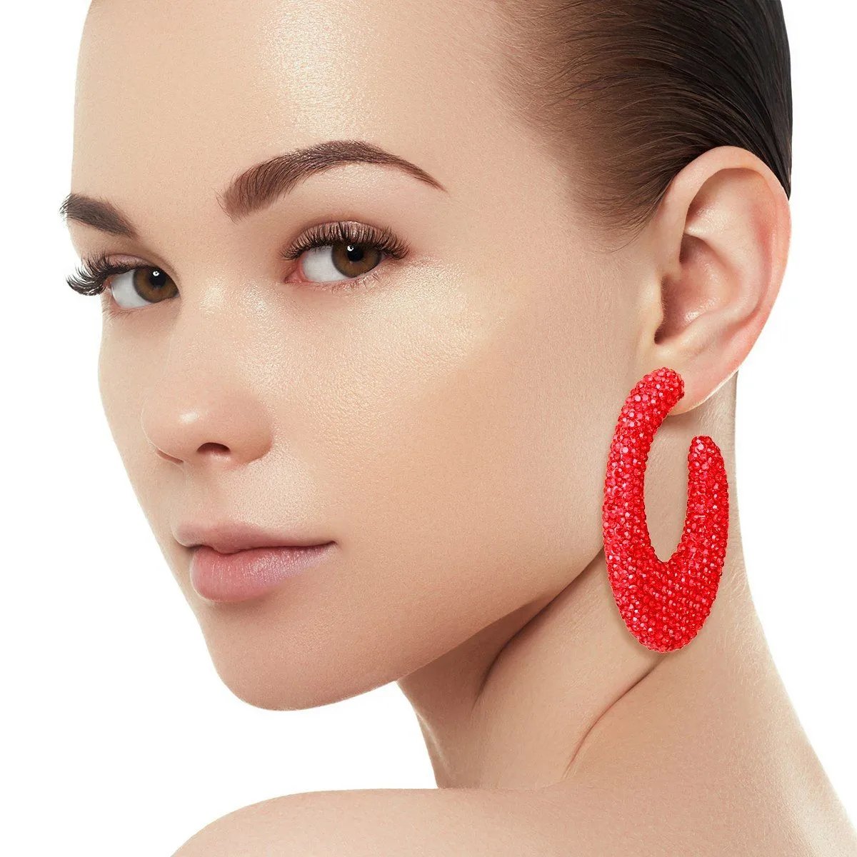 Red Rhinestone Crusted Chunky Open Hoop Earrings
