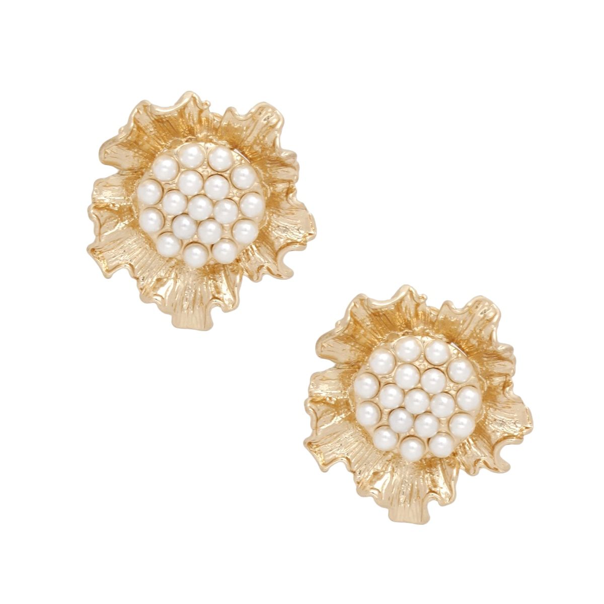 Gold Floral Pearl Clip-On Earrings Vintage Style Statement Fashion Jewelry