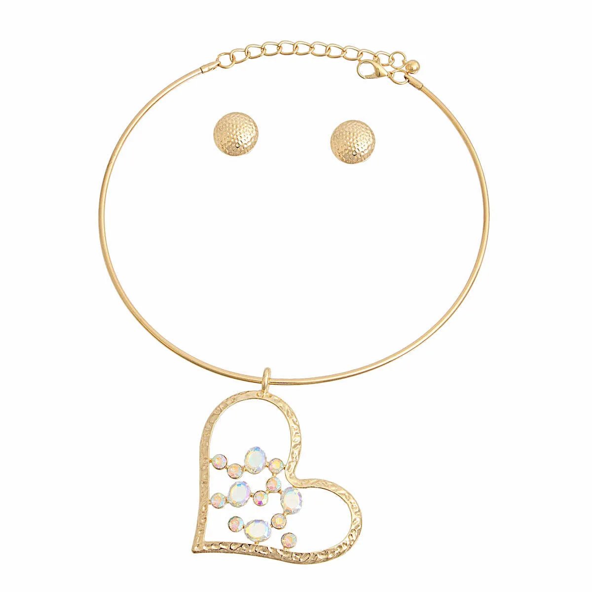 Gold-Tone Rigid Collar Necklace Set with Aurora Borealis Detail Heart Pendant