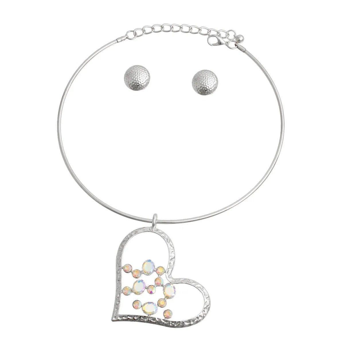 Silver-Tone Rigid Collar Necklace Set with Aurora Borealis Detail Heart Pendant