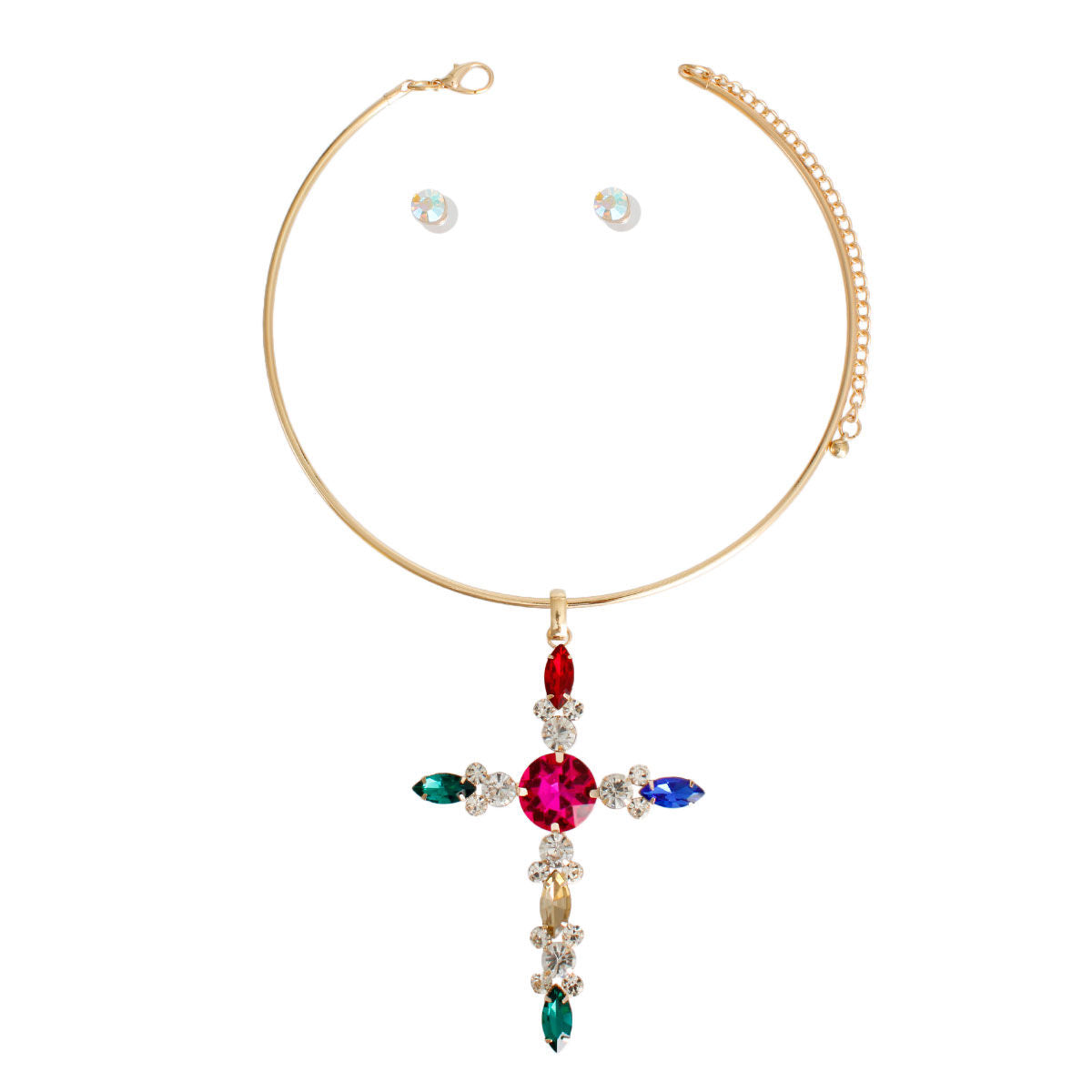 Jeweled Cross Necklace Set Multicolor Crystals | Fashion Jewelry