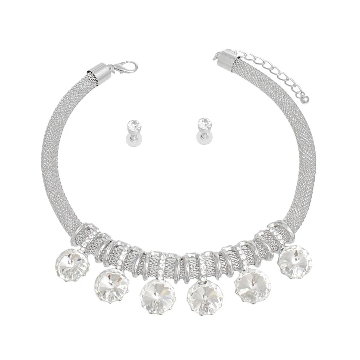 Silver Mesh Choker Necklace Set with Crystal Slides and Matching Earrings - Costume Jewelry