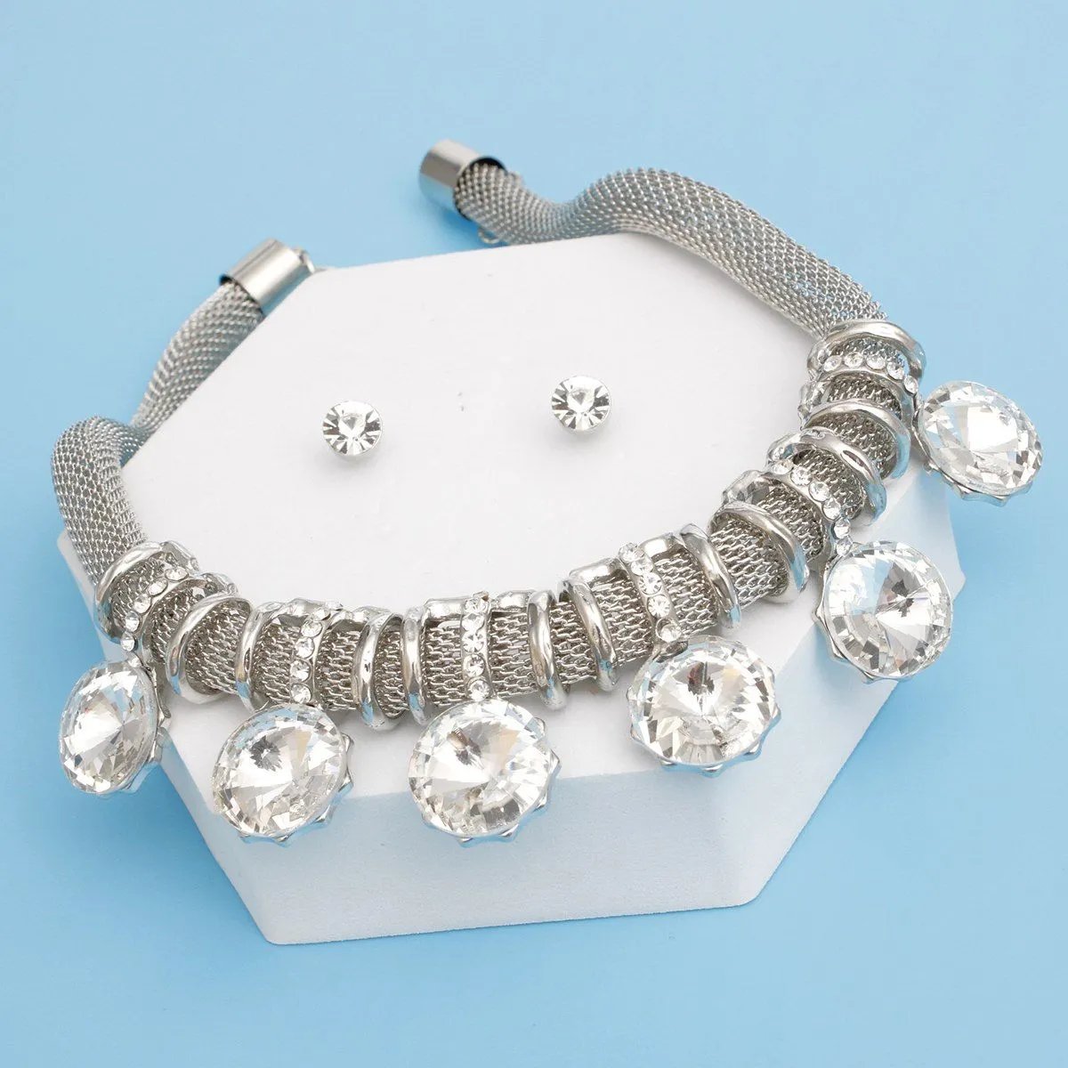 Silver Mesh Choker Necklace Set with Crystal Slides and Matching Earrings - Costume Jewelry