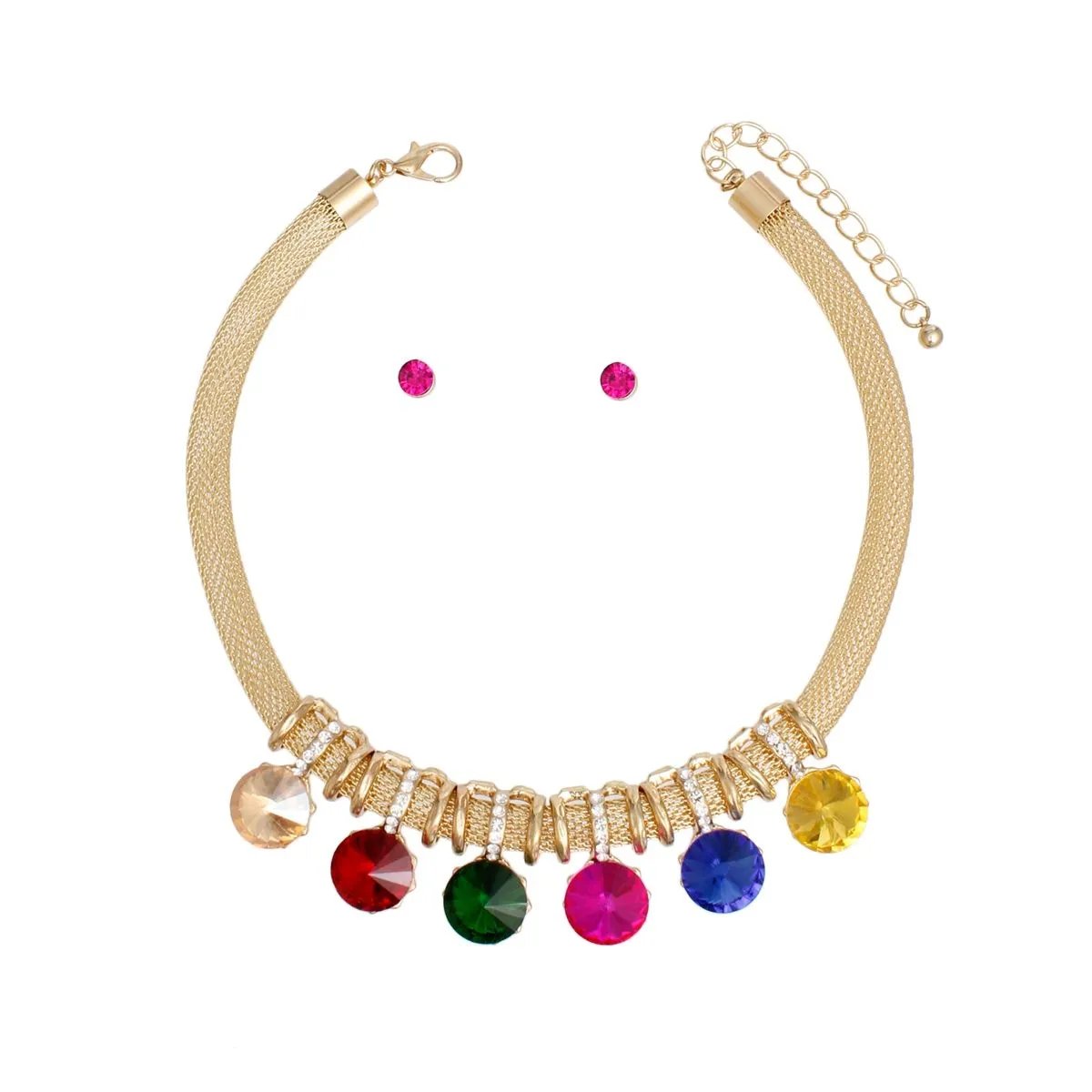 Gold Mesh Rainbow Crystal Choker Necklace and Earring Set - Colorful Statement Jewelry with Multicolor Gemstones - Costume Jewelry