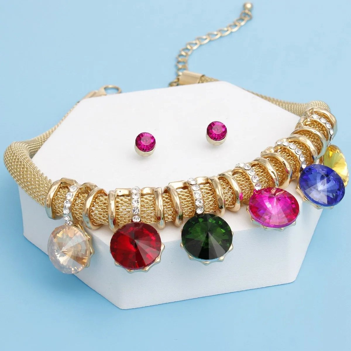 Gold Mesh Rainbow Crystal Choker Necklace and Earring Set - Colorful Statement Jewelry with Multicolor Gemstones - Costume Jewelry