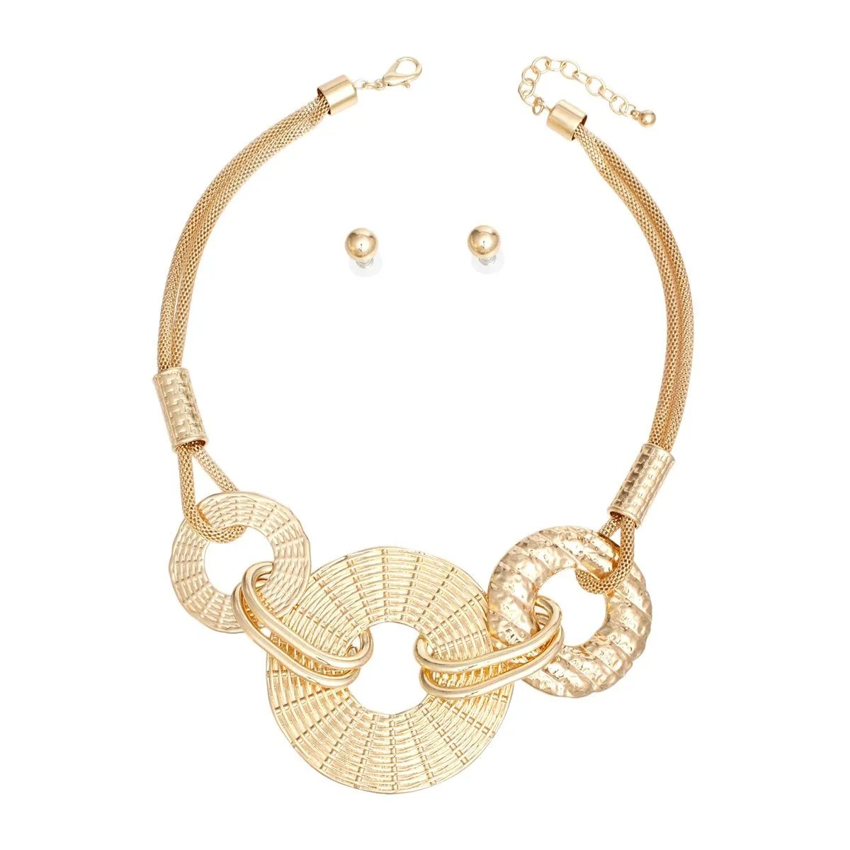 Gold Tone Metal Mesh Chain Necklace Set with Textured Linked Rings and Ball Stud Earrings