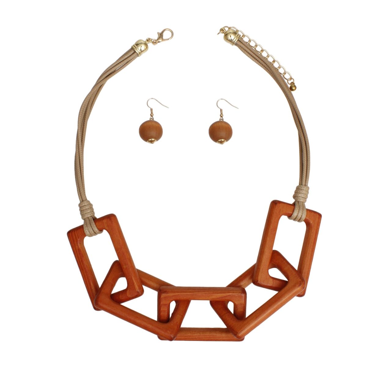 Multi Strand Leather Necklace Chunky Wooden Rectangle Collar Set