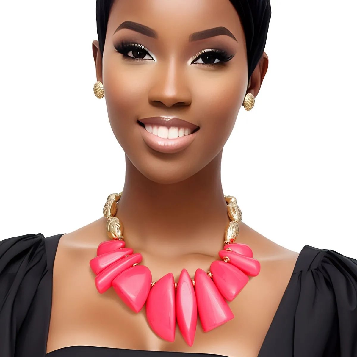 Textured Gold Acrylic Beaded Necklace Set with Fuchsia Chunky Collar Detail