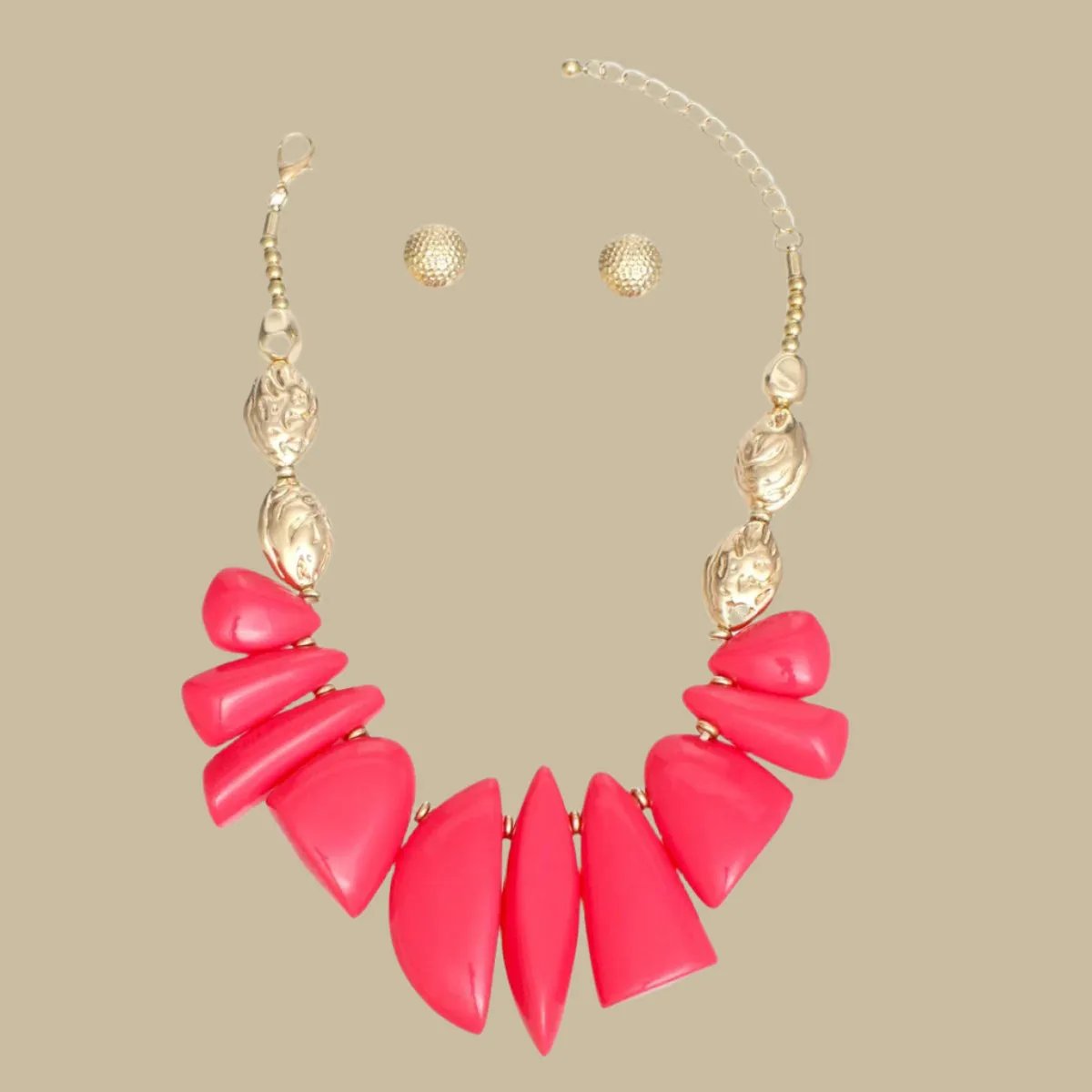 Textured Gold Acrylic Beaded Necklace Set with Fuchsia Chunky Collar Detail