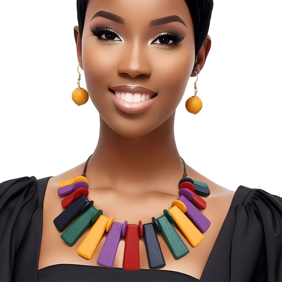 Dark Multicolor Wooden Bar Bead Fashion Necklace with Matching Earrings
