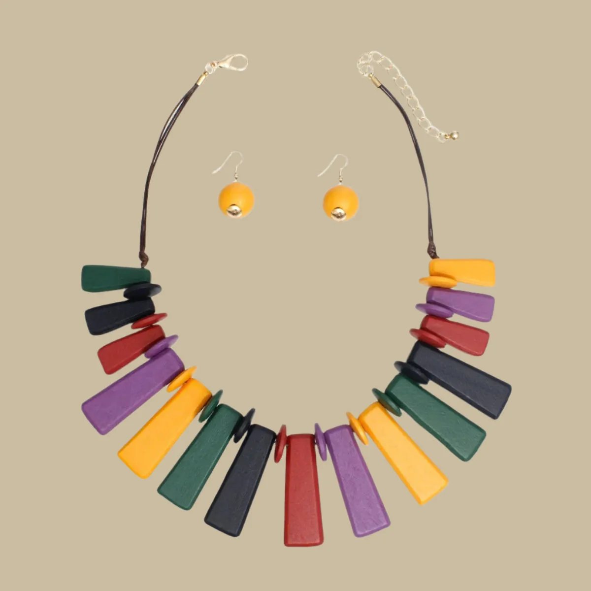 Dark Multicolor Wooden Bar Bead Fashion Necklace with Matching Earrings