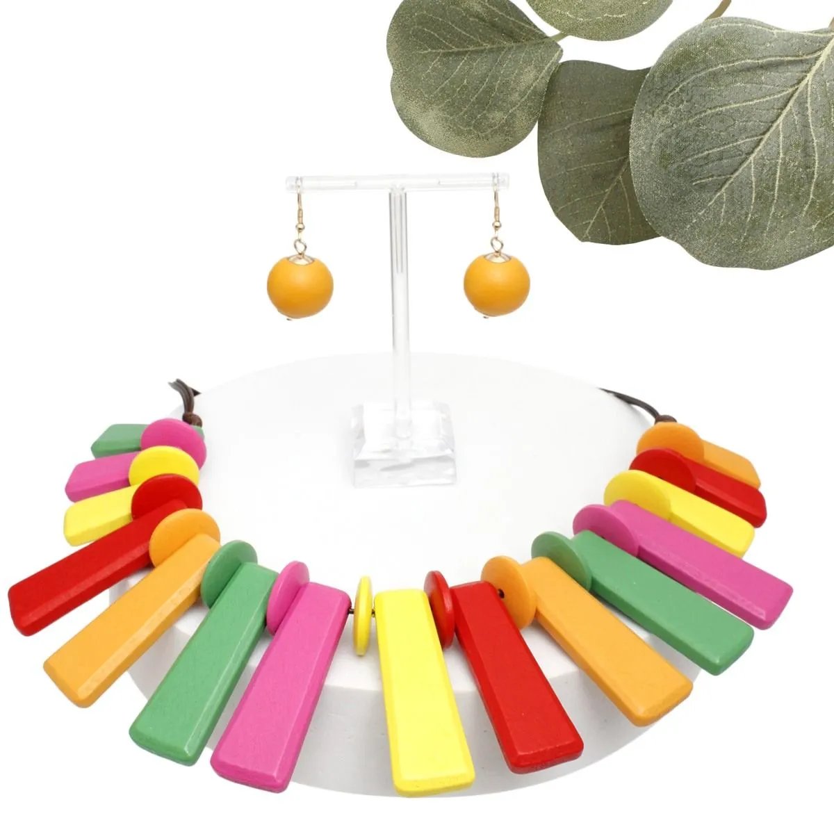 Rainbow Wooden Bar Bead Fashion Necklace with Matching Earrings