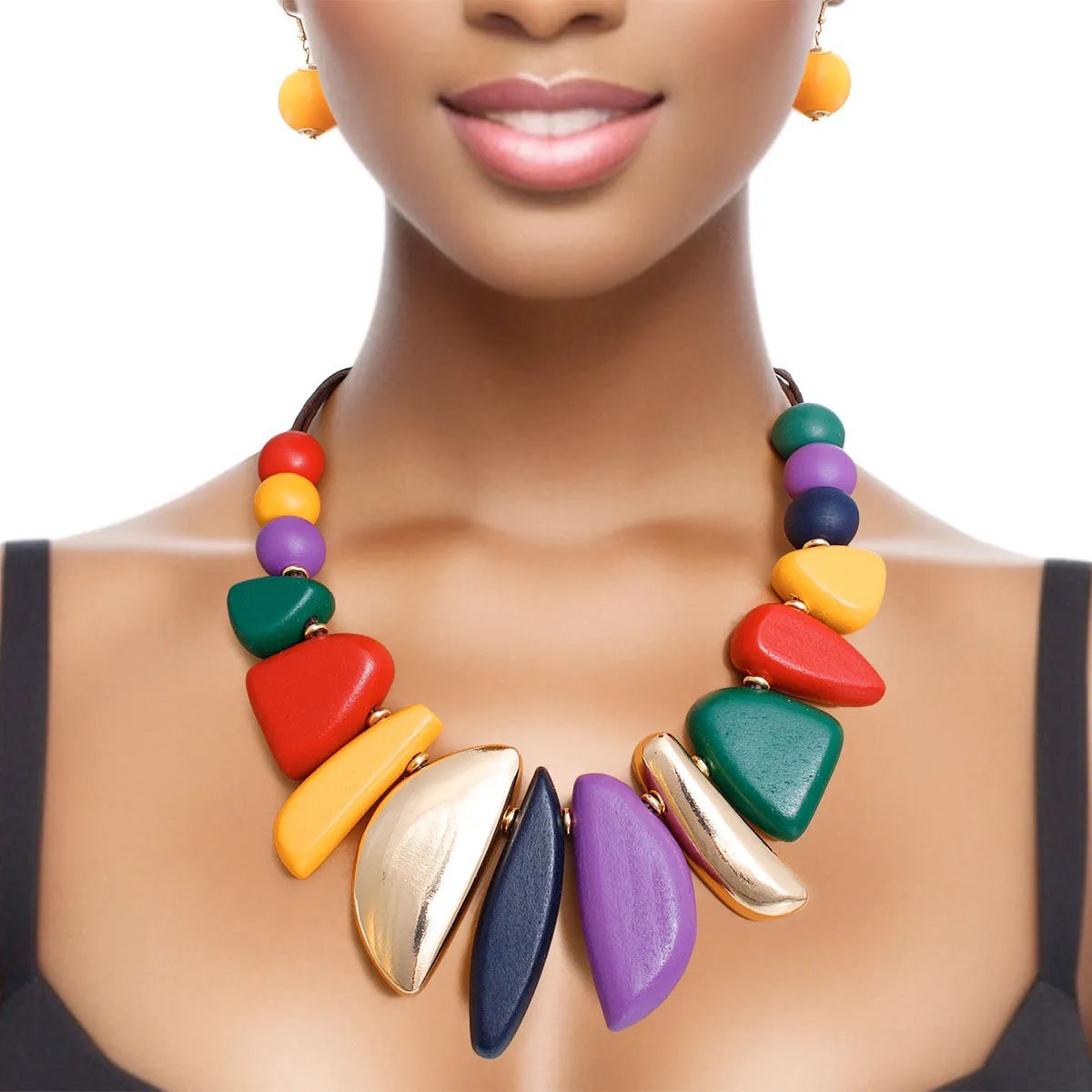 Multicolor Wooden Bead Necklace with Gold Details