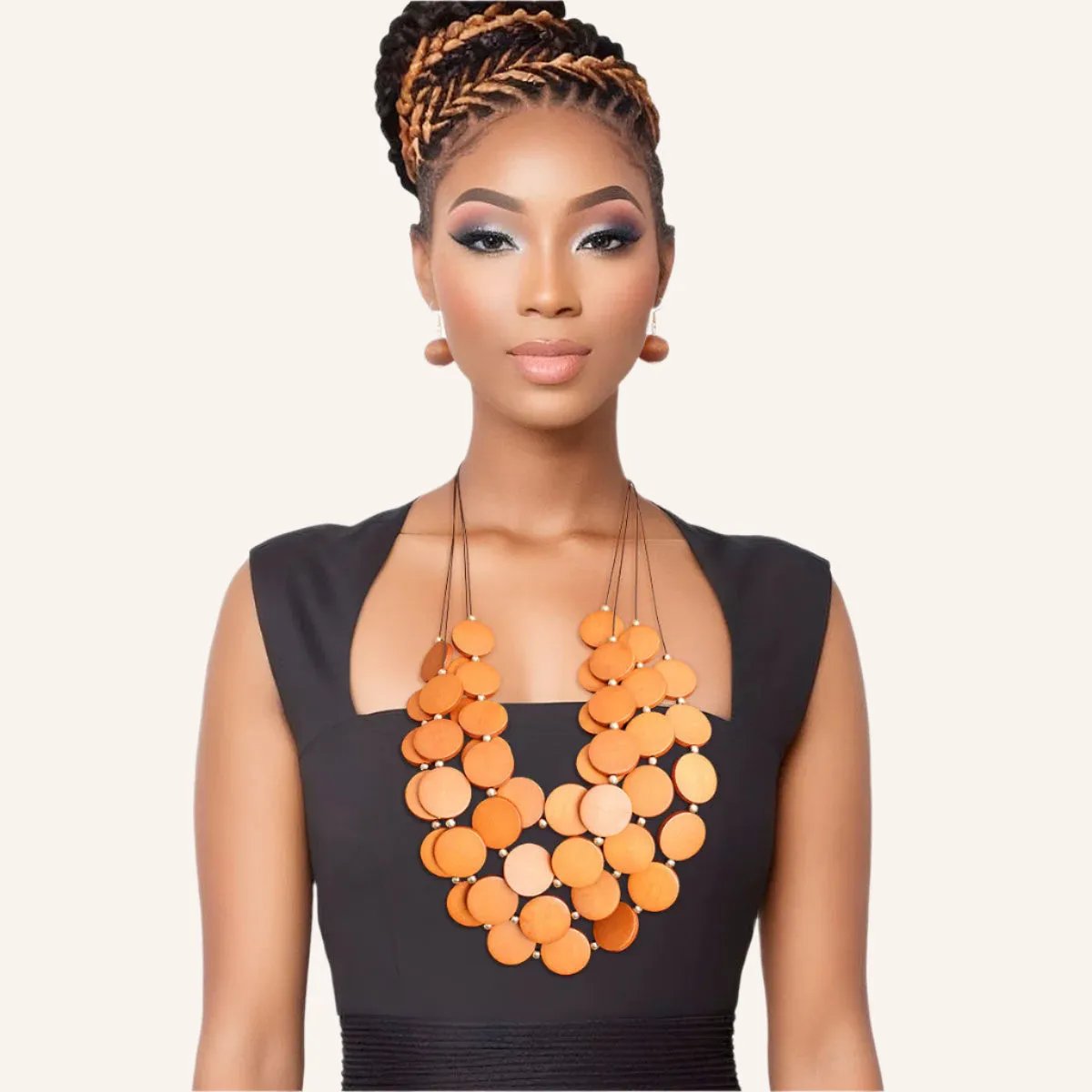 Long Multi-Strand Brown Leather Necklace Set with Wooden Beads and Matching Earrings
