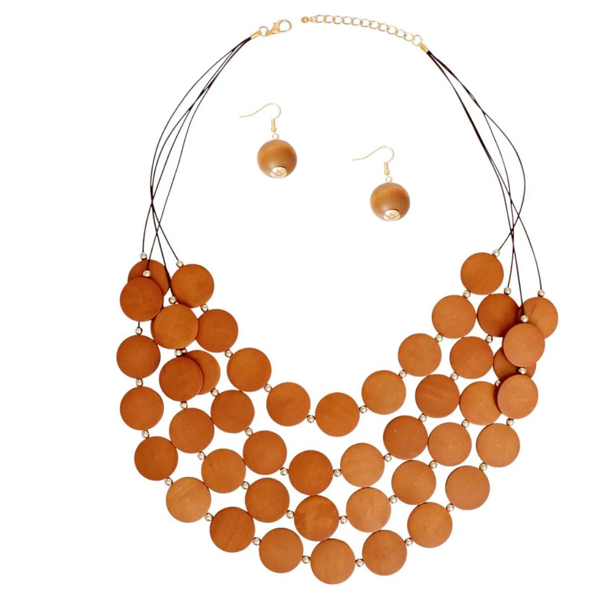 Long Multi-Strand Brown Leather Necklace Set with Wooden Beads and Matching Earrings