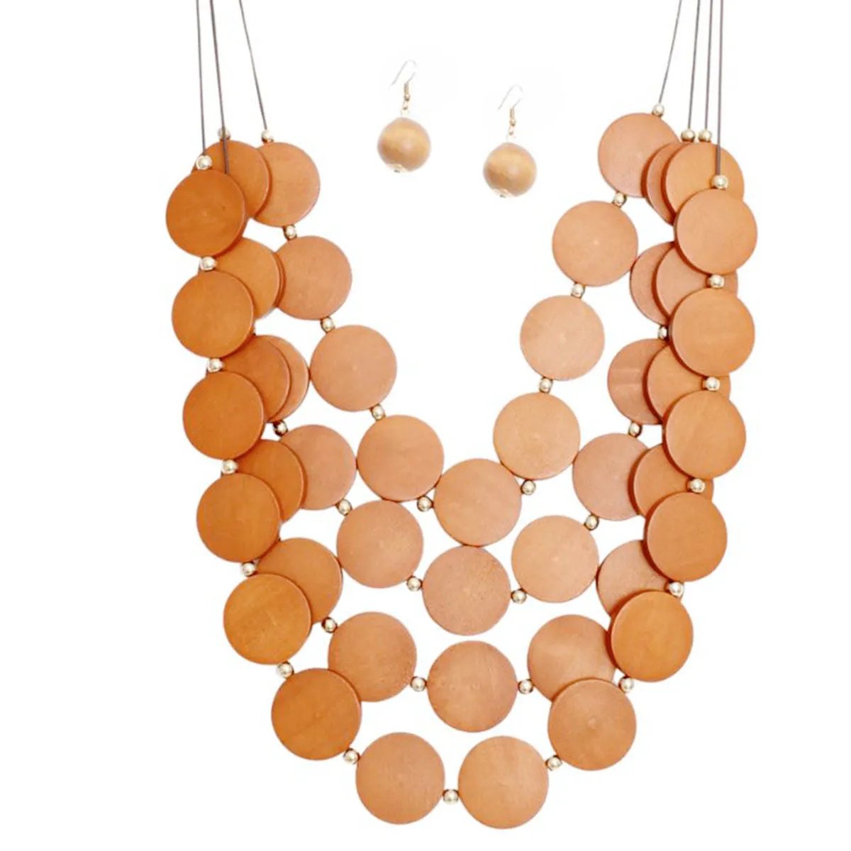 Long Multi-Strand Brown Leather Necklace Set with Wooden Beads and Matching Earrings