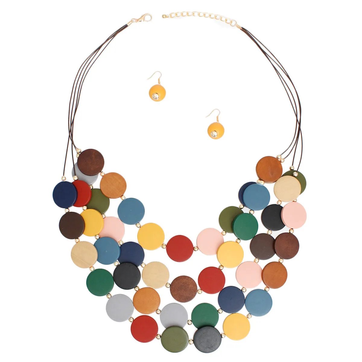 Long Multi-Strand Necklace Set with Multicolor Wooden Beads and Matching Earrings