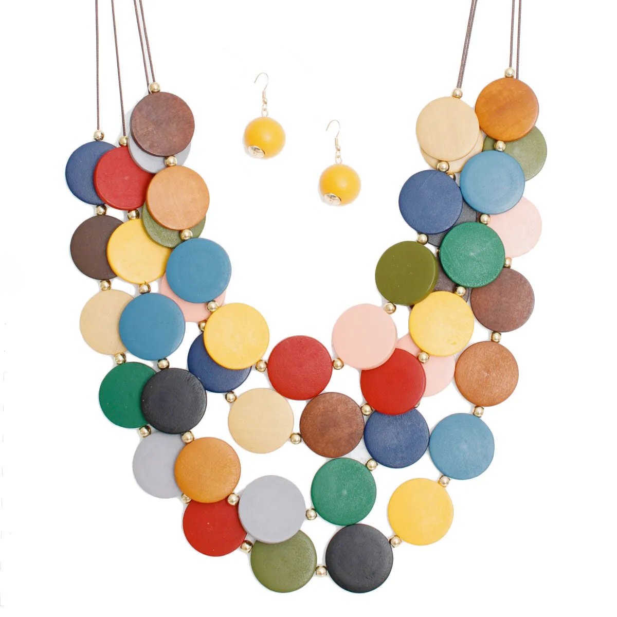 Long Multi-Strand Necklace Set with Multicolor Wooden Beads and Matching Earrings