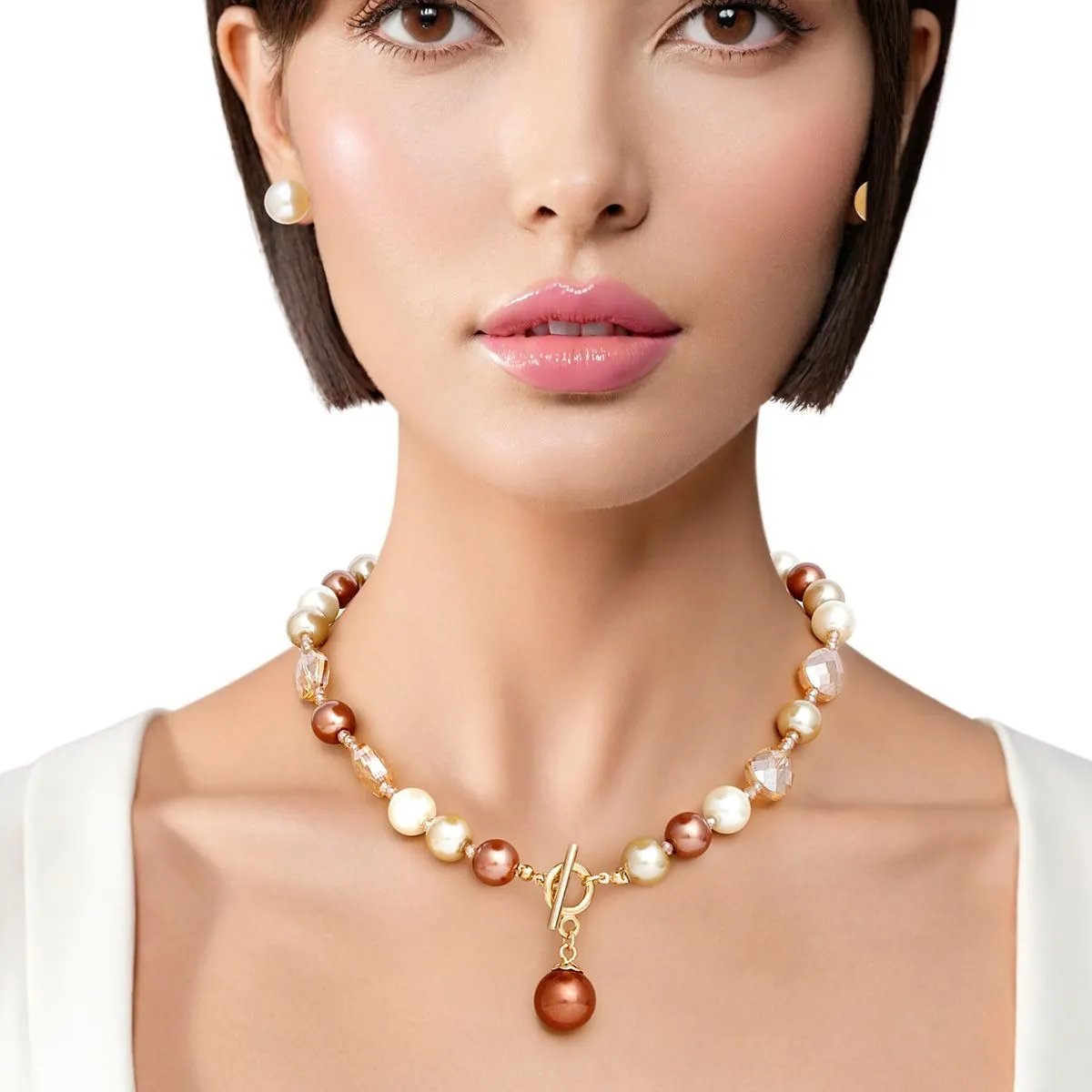 Brown & Cream Acrylic Pearl Necklace Set with Faceted Teardrop Beads and Gold Toggle Closure