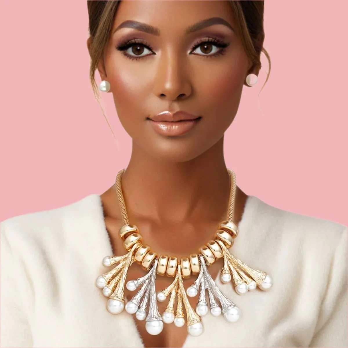 Gold-Tone Mixed Metal Mesh Chain Necklace with Acrylic Pearl Accents