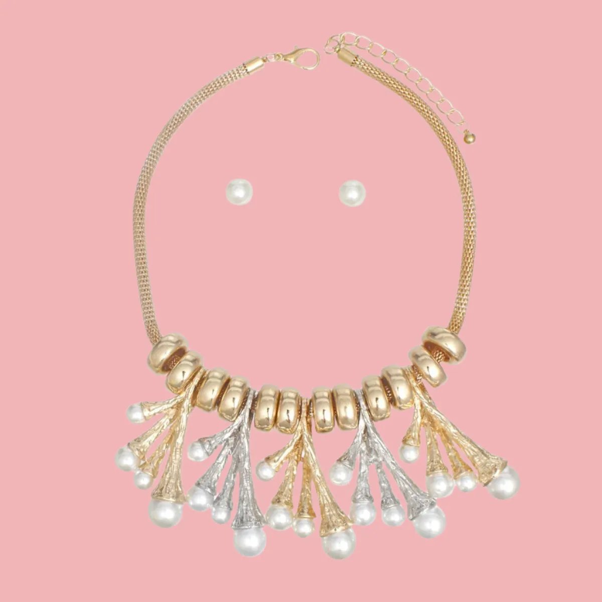 Gold-Tone Mixed Metal Mesh Chain Necklace with Acrylic Pearl Accents