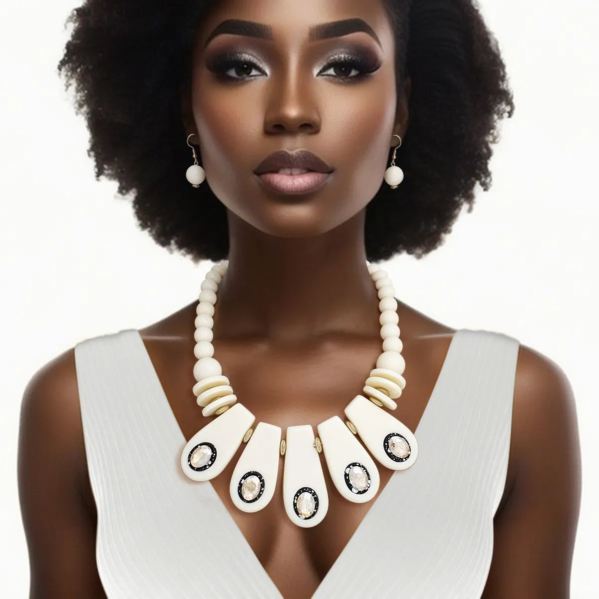 Retro-inspired Statement Necklace Set with Matching Earrings in Ivory Color