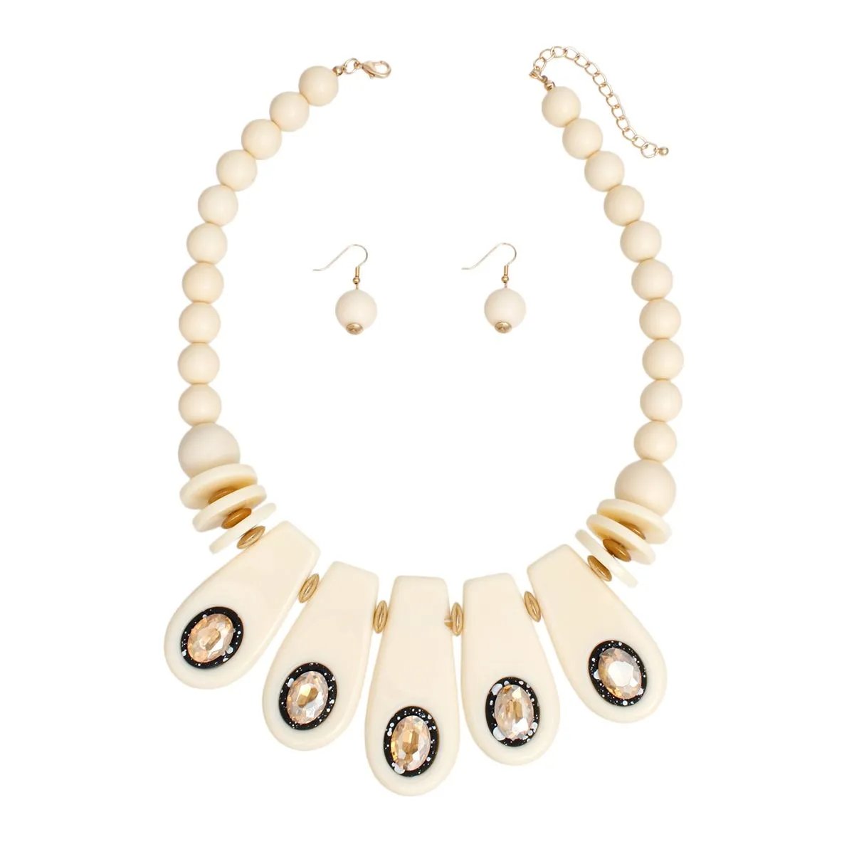 Retro-inspired Statement Necklace Set with Matching Earrings in Ivory Color