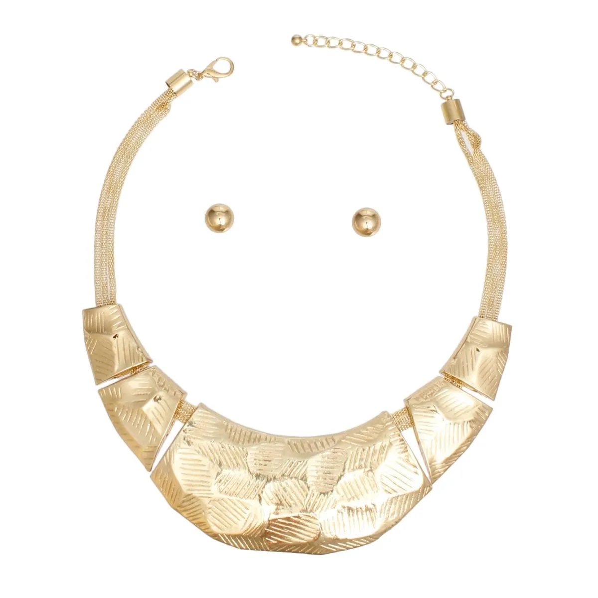 Women's Edgy Industrial Gold Metal Bib Necklace Set – Heavy Textured Plates & Stud Earrings