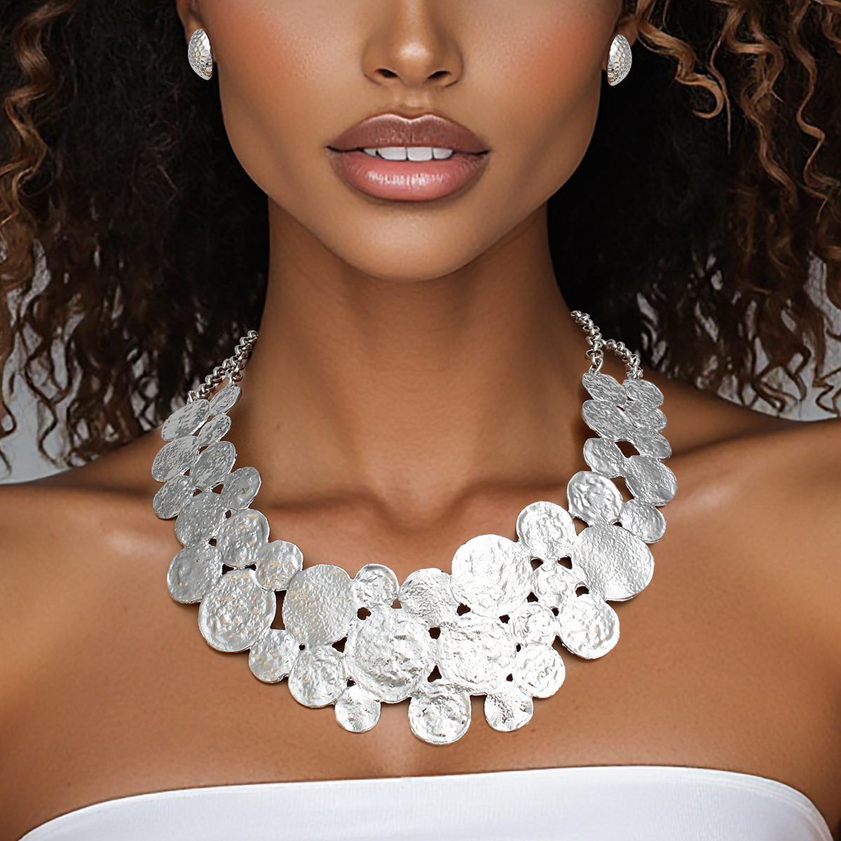 Industrial Style Silver Bib Necklace Set Women, Double Chain, Hammered Circles