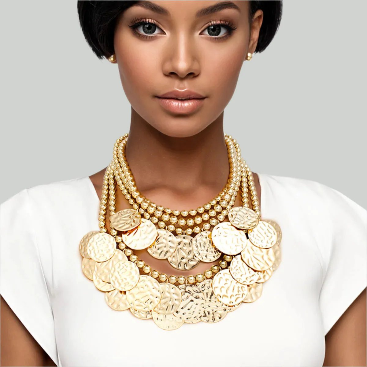 5 Strand Gold-Tone Hammered Metal Bib Necklace Set
